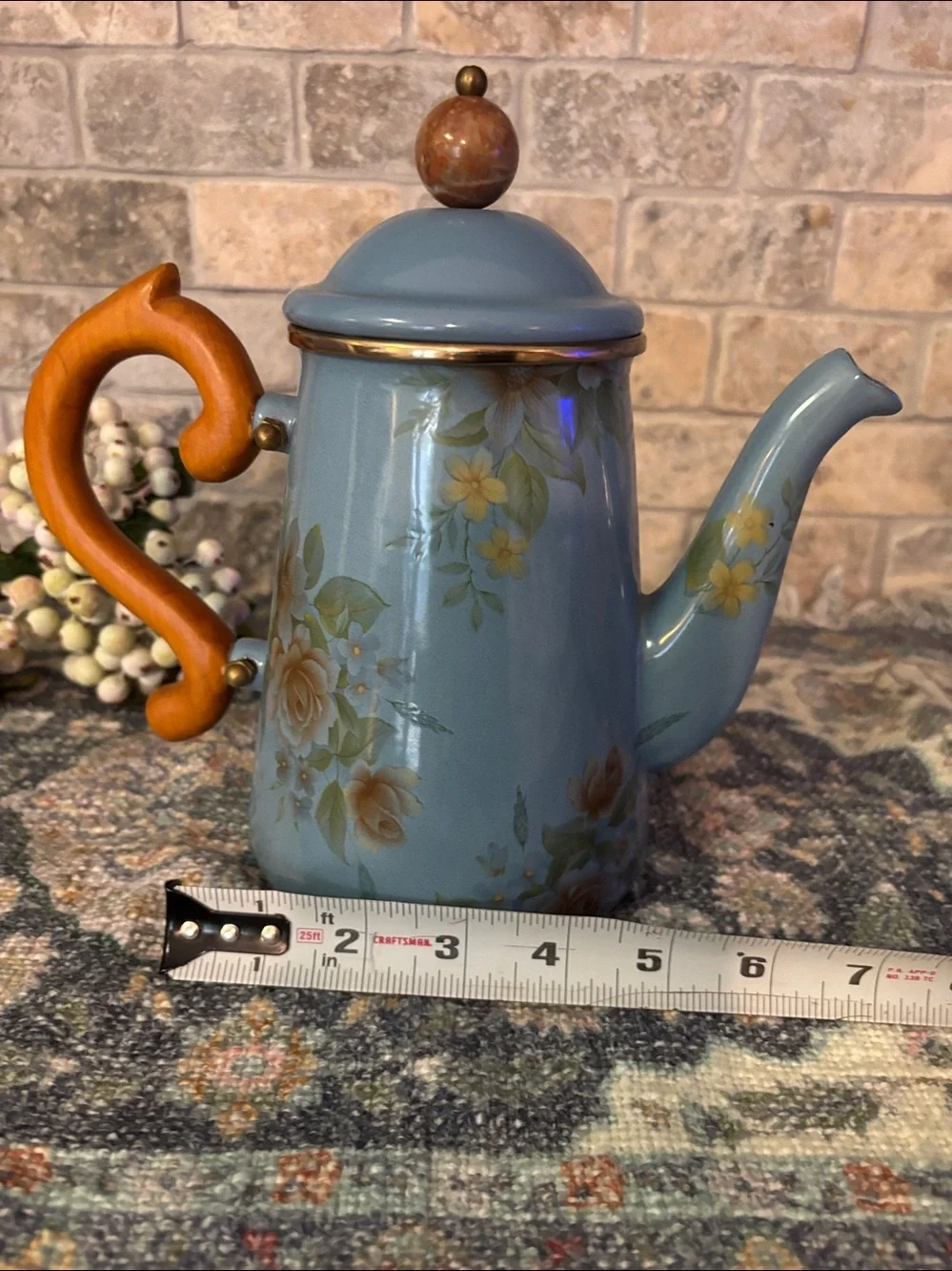 Camp Mackenzie-Childs enamel Blue Floral Teapot with decorative  wooden handle.